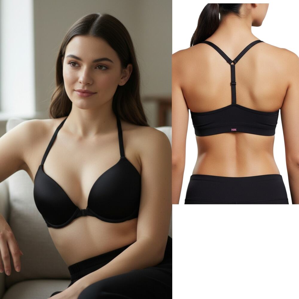 Victoria's Secret PINK T-Back Bra 34D Black Snap Front Padded Racerback Lingerie